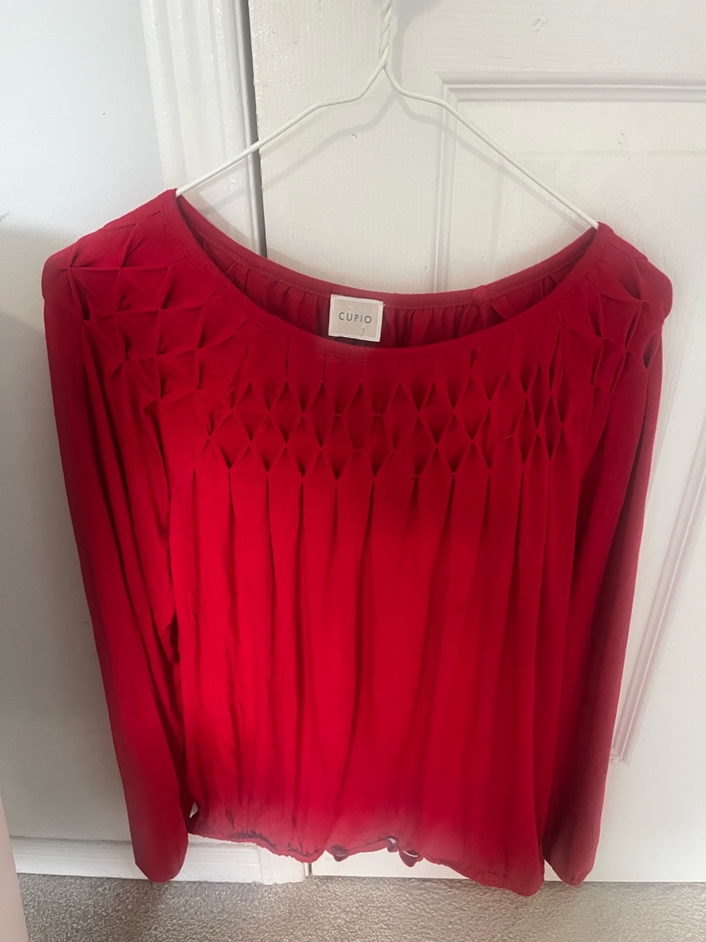 Cupio Red Pleated Lattice-Detail Long Sleeve Top